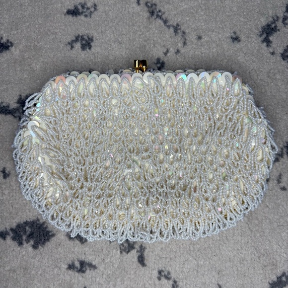 Vintage Bridal Shower Elopement Something Old Sequins Beaded Satin Lined Clutch - Picture 2 of 7